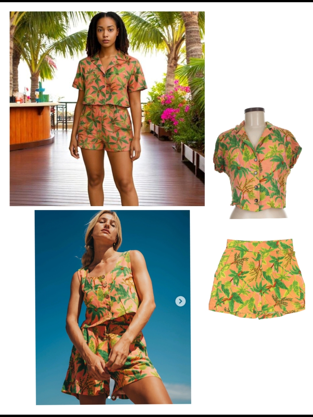 Tropical Palm Print Short Sleeve Button-Down Top - Peach/Green